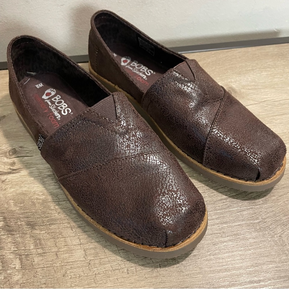 MINT! Women's BOBS by SKECHERS Brown Leather GYPSY Slip-On LOAFERS Comfort SHOES